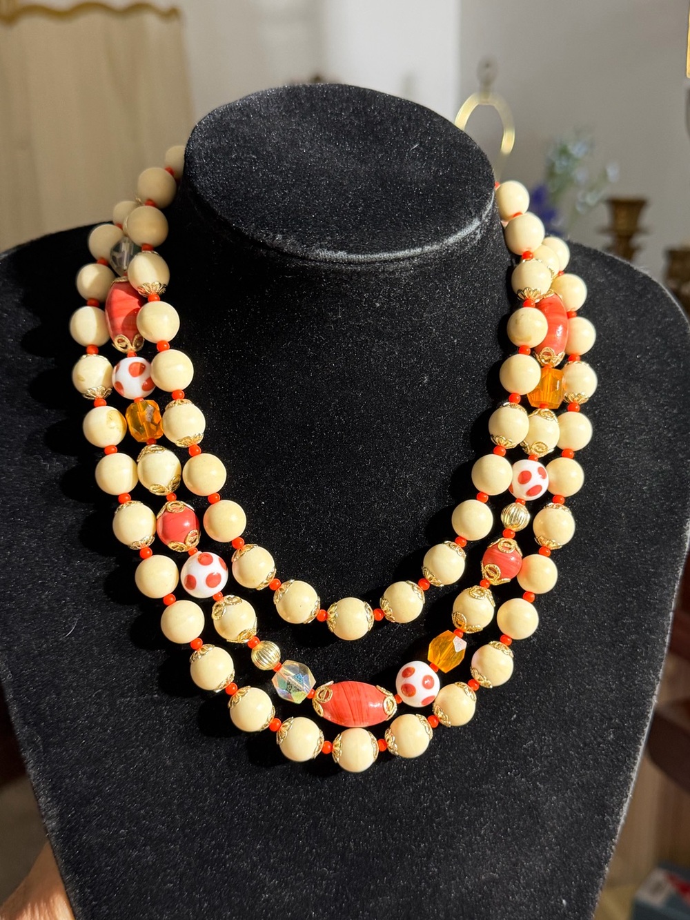 Vintage Japan Three Strand Cream Coral Polka Dot Glass Beaded Necklace